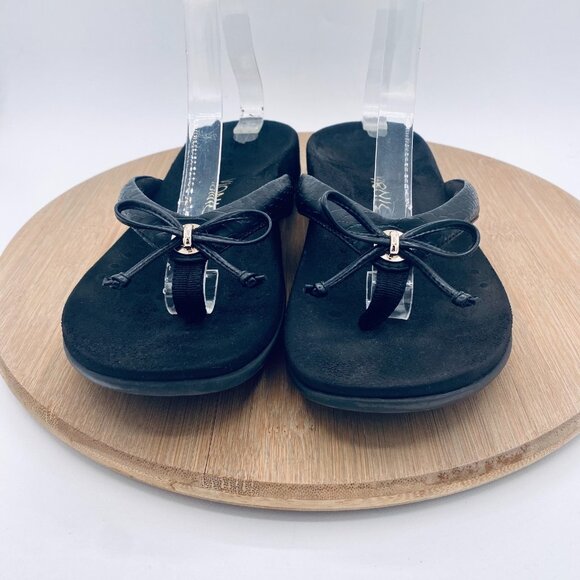 Vionic Cassie Sandals Womens 7 Black Leather Orthotic Flip Flop Bow - Picture 2 of 11